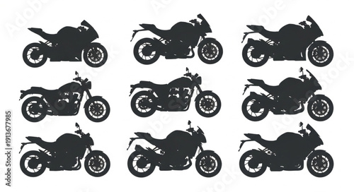Collection of nine motorcycle silhouettes in black and white.