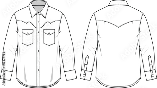 Front and back western style button shirt technical fashion illustration with chest pockets, yoke seams and long sleeves mockup