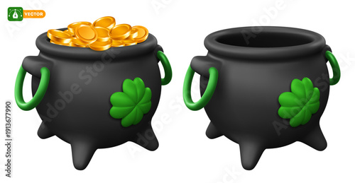 Saint Patrick's pot full of gold coins and empty. Leprechaun cauldron with treasure, four leaf clover, lucky shamrock. Saint Patrick's Day celebration design element. Isolated 3d vector illustration
