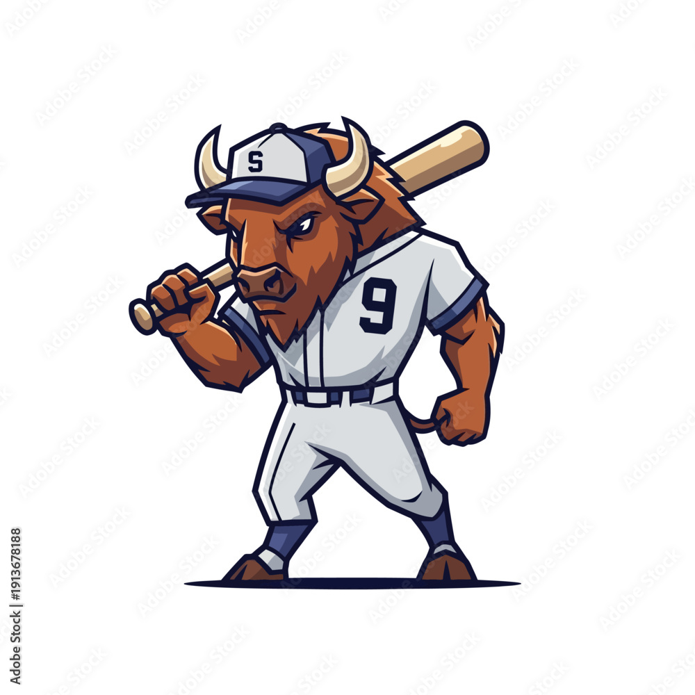 Naklejka premium Buffalo Mascot Wearing Baseball Uniform Holding Bat.