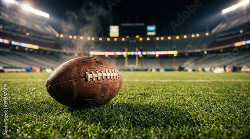 American Football on Field at Night Stadium – Close Up Ball on Grass with Lights and Goal Post, Sports Championship Game Concept