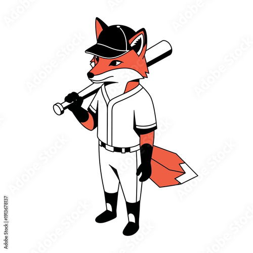 Anthropomorphic fox dressed as a baseball player holding a bat.