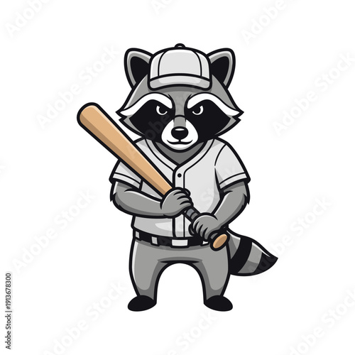 Cartoon Raccoon Baseball Player Holding Bat Ready to Play.