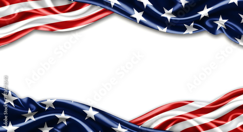 American flag patriotic frame border with waving stars and stripes fabric and white copy space for memorial day and independence day