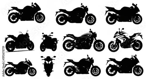 Collection of Motorcycle Silhouettes Various Models and Angles.