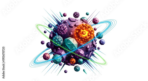 Vibrant 3D illustration of colorful atoms and molecules in motion