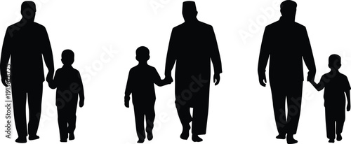 Set of Muslim father and son walking together silhouette vector illustration