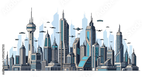 Futuristic cityscape with sleek skyscrapers and flying cars