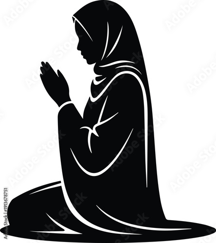 Muslim woman praying namaz silhouette vector illustration