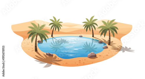 Serene desert oasis with palm trees and tranquil pool