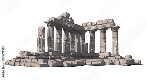 Ancient stone ruins with intricate columns and mystical symbols