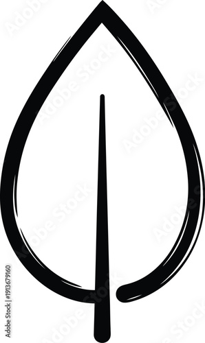 Simple black outline graphic depicts a stylized teardrop shape representing a single botanical leaf with a central spine element.