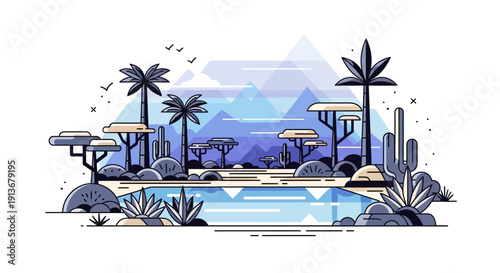 Serene desert oasis with palm trees and mountain range