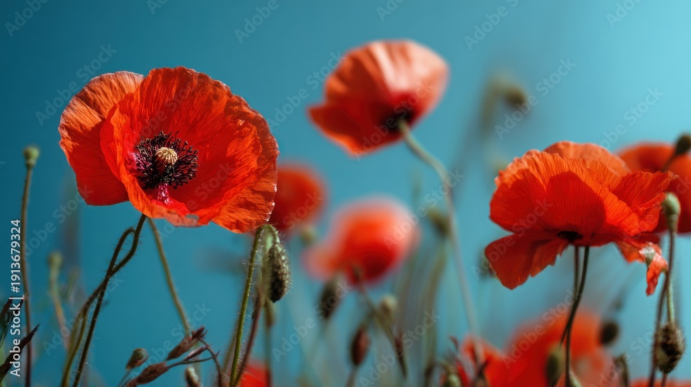 Fototapeta premium Red poppies against a blue background.