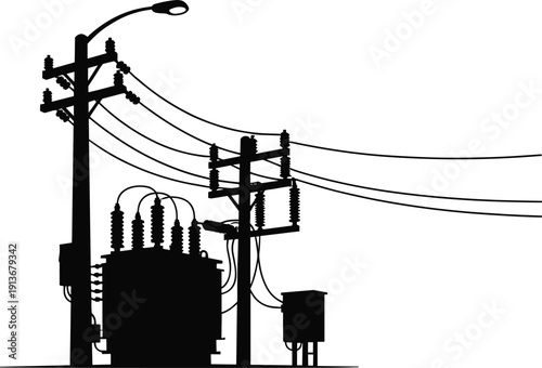 Silhouette illustration of urban electrical infrastructure, utility poles with power lines, transformer unit, insulators, electrical cabinet, energy distribution system vector design