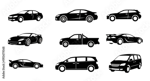 Collection of Silhouetted Cars and Vehicles.
