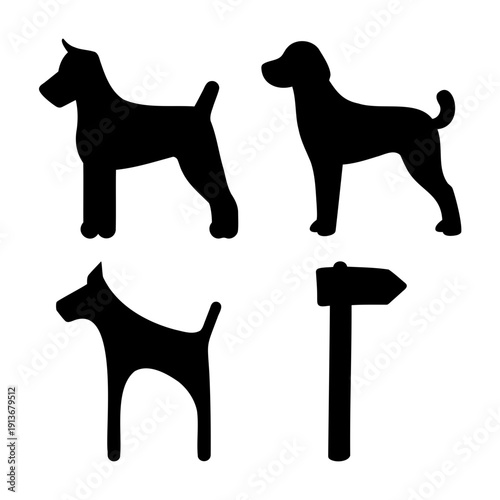 Collection of diverse black dog silhouettes and a directional signpost icon for pet-related designs