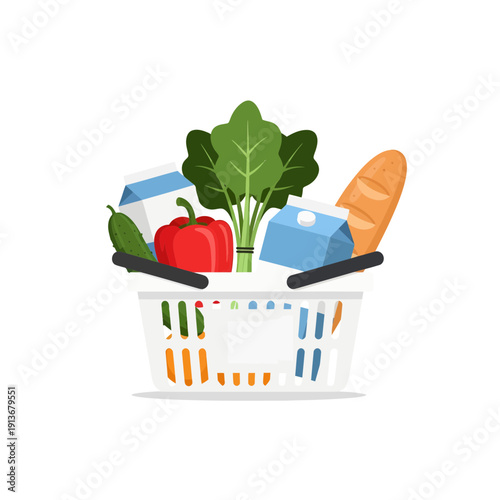 Fresh Grocery Shopping Basket with Green Spinach Red Pepper Milk and Baguette for Healthy Lifestyle Vector Illustration