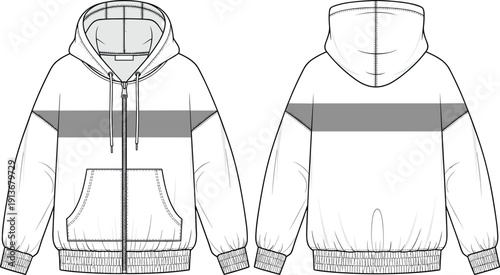Front and back zip hoodie technical fashion illustration with contrast chest panel, drawstring hood, ribbed cuffs hem mockup