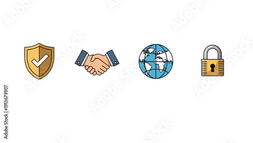 Four icons representing security trust global partnership and protection concepts