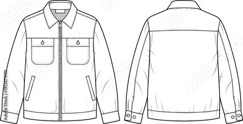 Men workwear zip jacket front and back flat sketch illustration with flap chest pockets for functional apparel design