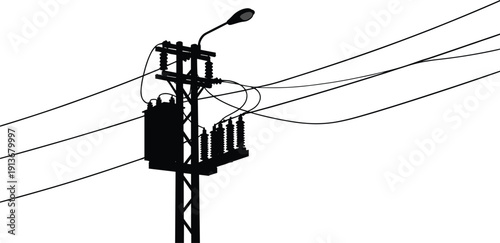 Silhouette of electrical utility pole with transformer, insulators, streetlight, and multiple power lines, urban infrastructure vector illustration for energy distribution systems