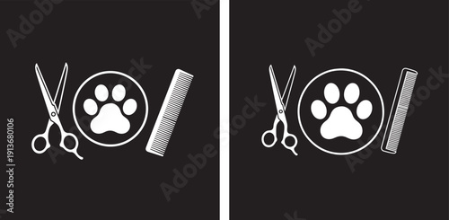 Grooming tools for pets, scissors, comb, and paw print in a circle, white on black background, icon for pet salon or veterinary clinic.
