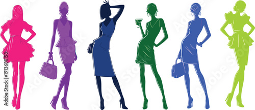 Colorful women silhouettes, fashion poses, stylish dresses, high heels, accessories, elegance lifestyle, vector illustration, design elements for fashion