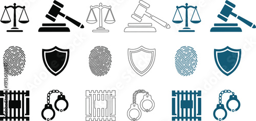Justice and law in black and blue featuring scales of justice gavel fingerprint shield handcuffs and prison bars