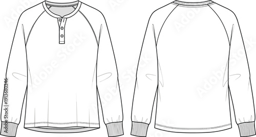 Men long sleeve henley shirt front and back flat sketch illustration with raglan seams for casual apparel design