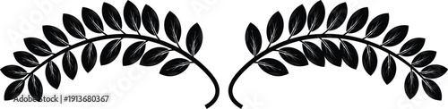 Two symmetrical, curved black laurel wreath branches display dark olive-shaped leaves suitable for award decoration.