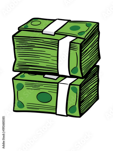 Stylized illustration of two stacks of green currency, secured with white bands