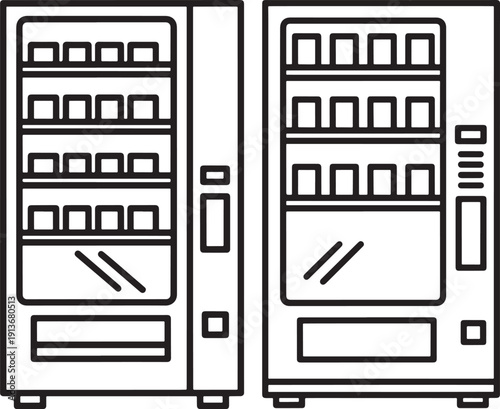 Black and white vector illustration of two vending machines on white background