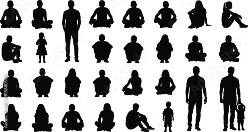 Silhouette collection of people poses, standing and sitting figures, adults and children, posture icons, vector illustration for design and art