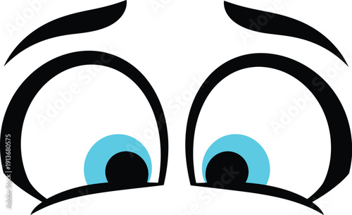 Cartoon eyes display wide, anxious blue irises looking downward with thick black outlines on white.