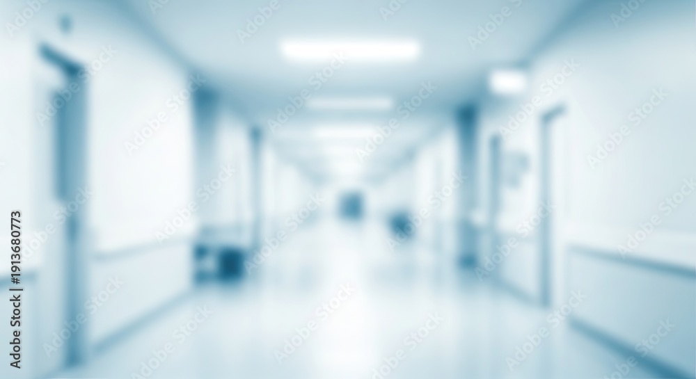 Obraz premium A long, empty hospital hallway with blue lighting and white walls.