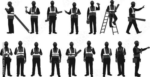 Silhouettes of construction workers with tools, hard hats, safety vests, ladder climbing, teamwork, industrial site activities, occupational roles, infrastructure tasks, vector illustration