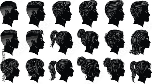 Silhouette hairstyle profiles, men and women haircuts, diverse styles, ponytail, bun, fade, undercut, fashion grooming vector illustration design