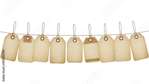 Blank paper tags hanging on a rope with paper clips in a simple brown retail sale concept illustration