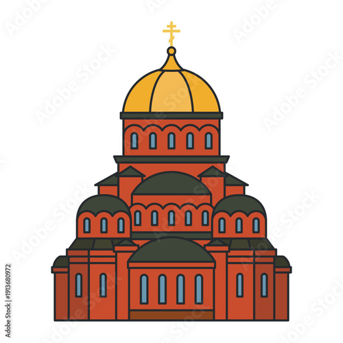 Wallpaper Mural Orthodox cathedral with large golden dome and arched windows in flat outline style. Illustration. Object isolated on white background. Torontodigital.ca
