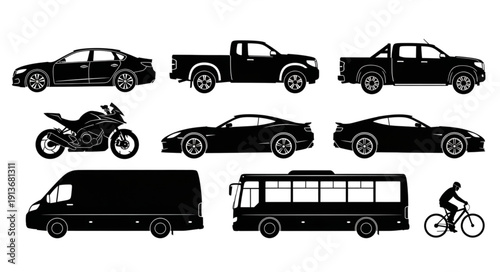 Collection of Silhouetted Vehicles and Transportation Icons.