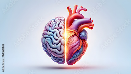 Obraz w ramie A vibrant illustration shows the human brain and heart glowing side-by-side.