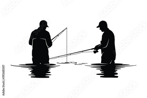 two silhouetted anglers casting fishing rods into a calm water body