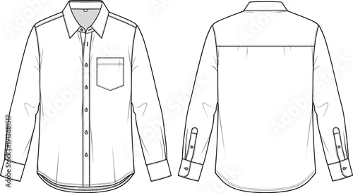 Men long sleeve button shirt front and back flat sketch illustration with collar pocket and cuff detail design