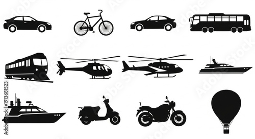 Collection of Silhouetted Transportation Vehicles and Aircraft.