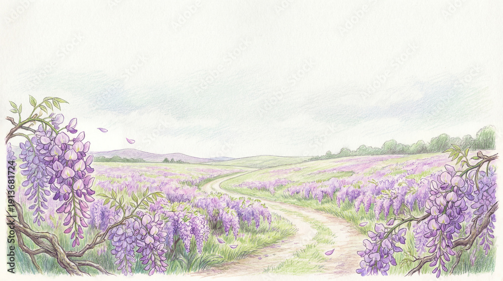 Obraz premium Wisteria Flower Field in Colored Pencil Style Panoramic Desktop Background