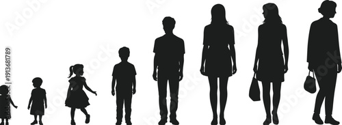 Human life stages silhouettes from toddler to adult woman, side view female growth progression vector illustration isolated on white background