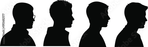 Male head profile silhouettes set, side view man face outline vector illustration isolated on white background, different hairstyle variations collection