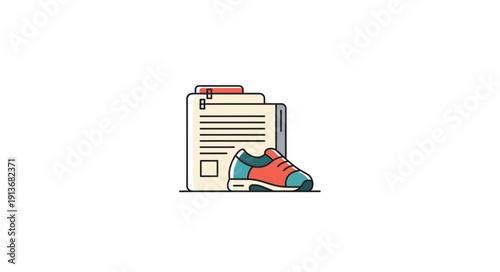 Sports shoe next to documents on white background.