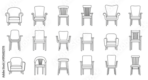 Collection of Vintage Armchair Silhouettes Isolated on White Background.